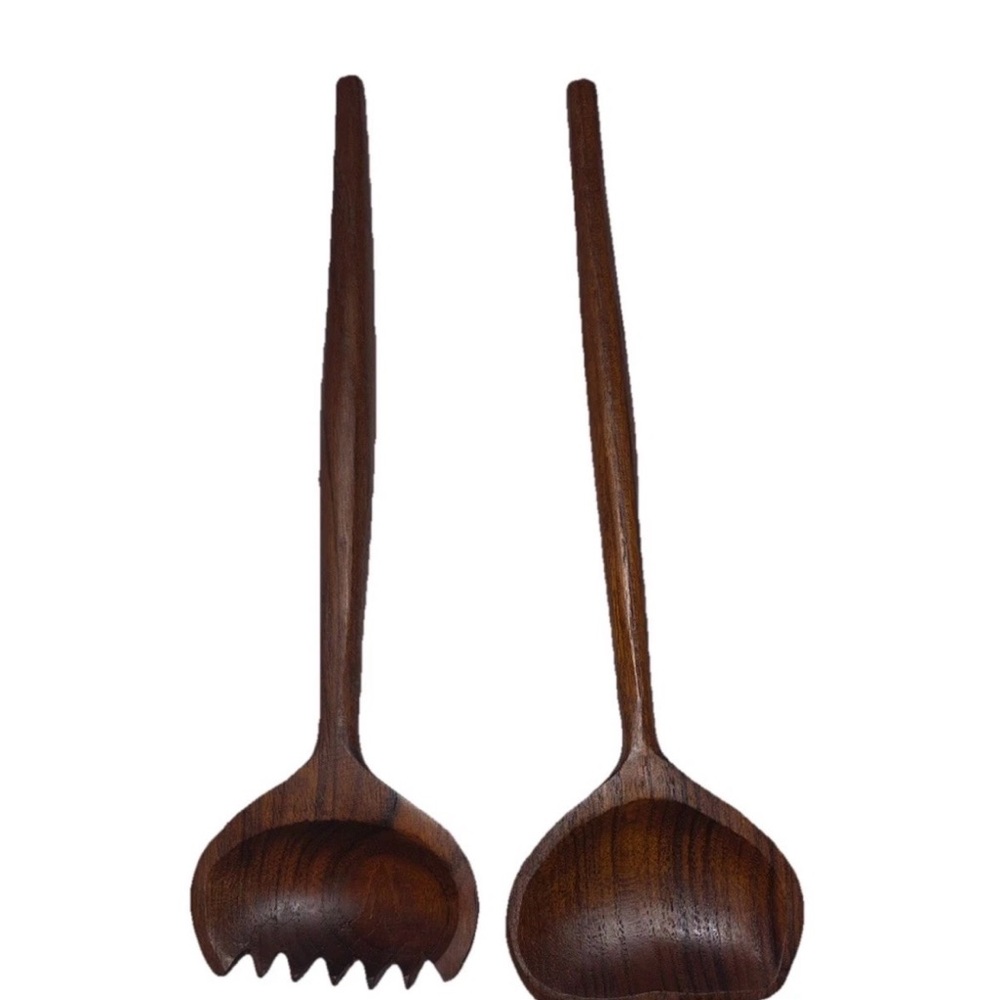 Vintage MCM Danish Teak Salad Serving Utensils Fork & Spoon Set Pair 12 Inches
